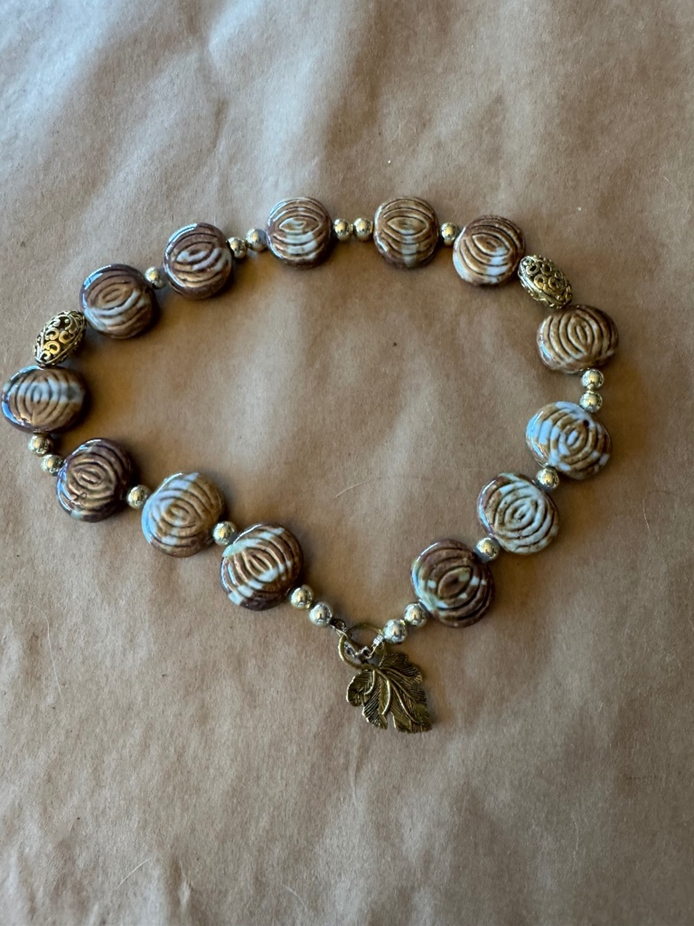 Chunky Ceramic Bead Statement Necklace with Filigree Leaf Toggle